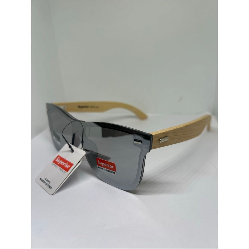 Superior Bamboo Mirrored  UV400 Rimless Shield Sunglasses Eco-Friendly Wooden Ar